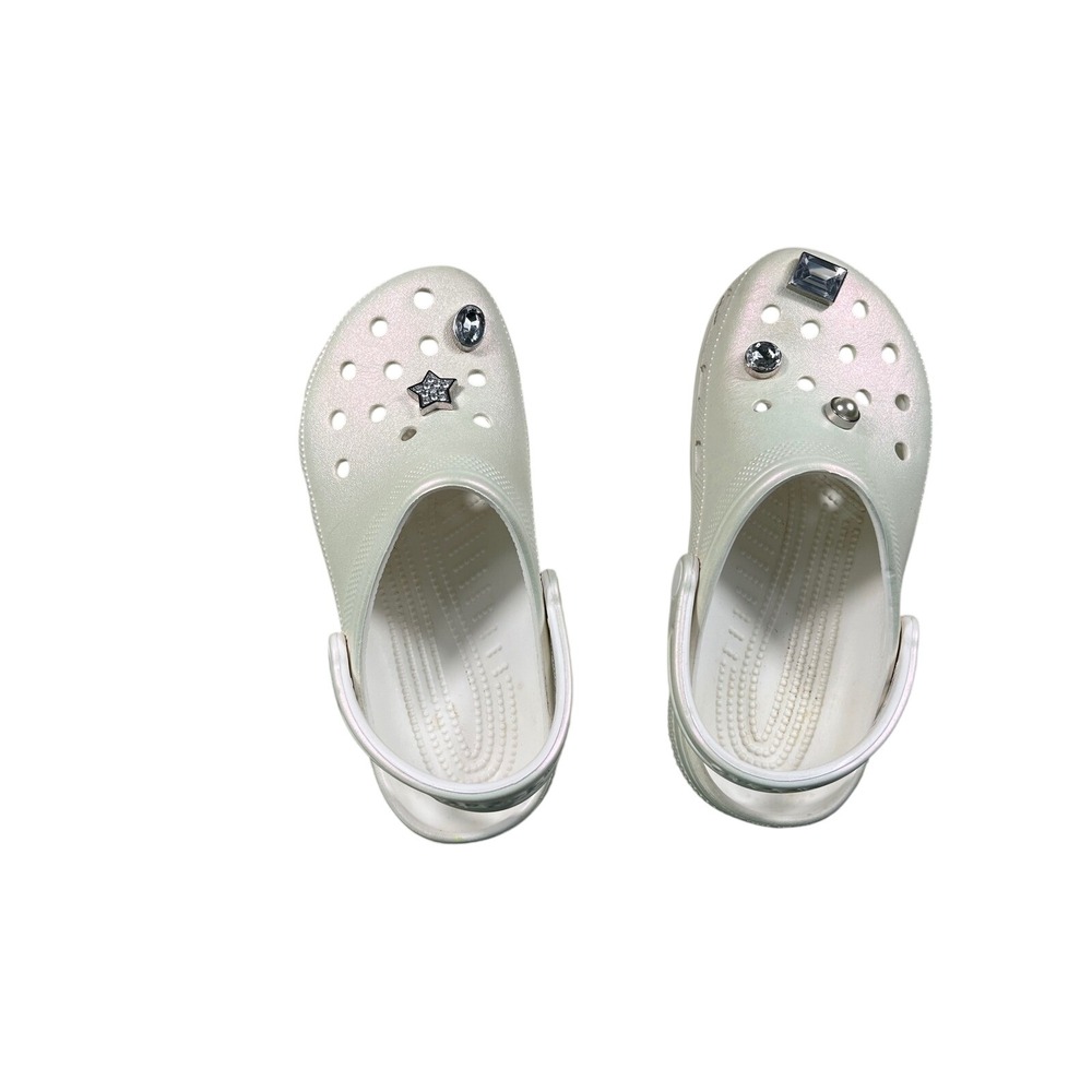 Crocs Classic Clogs White Pearl Shimmer Jibbitz Charms Women's 8 Men's 6